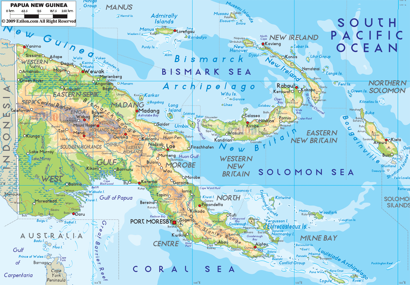 physique carte du papouasie nouvelle guinee